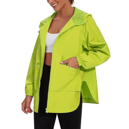 PESION Womens Waterproof Raincoat Lightweight Rain Jacket Trench Coat Hooded Windbreaker With Pockets for Outdoor Fresh Green X-Large