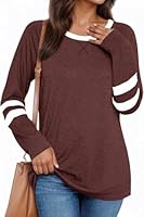 Fisoew Damen Langarmshirt mit Streifen Farbblock Sweatshirt Rundhals Oberteil Lässig Langarm Tunika Shirts,Weinrot,M