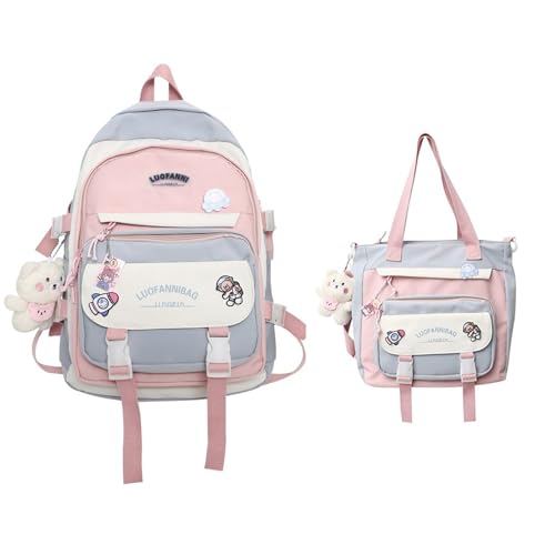 Generic Cute Aesthetic Backpack for Women Large Capacity Canvas Lightweight Bookbag Casual Daypack Work College Travel-Blue Two-Piece Set