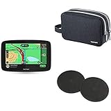 TomTom Navigationsgerät GO Essential (5 Zoll, Stauvermeidung dank TomTom Traffic, Karten-Updates Europa, Freisprechen, Updates über Wi-Fi, TMC) + Reisetasche + Klebe-Befestigungsplatten