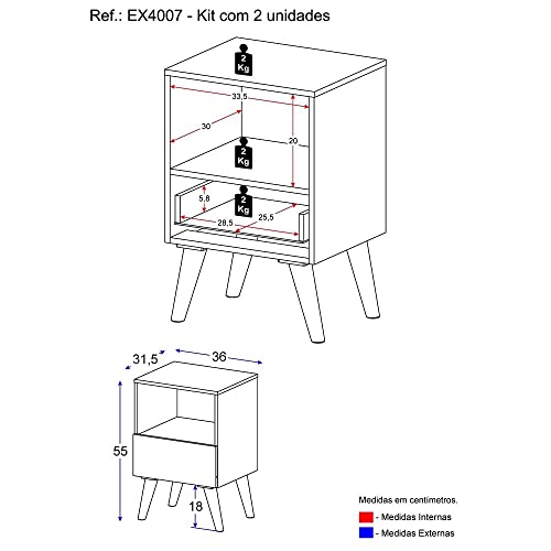 Kit com 2 Mesas de Cabeceira com Gaveta 36cm Retrô Multimóveis Ex4007 Branca/canelato