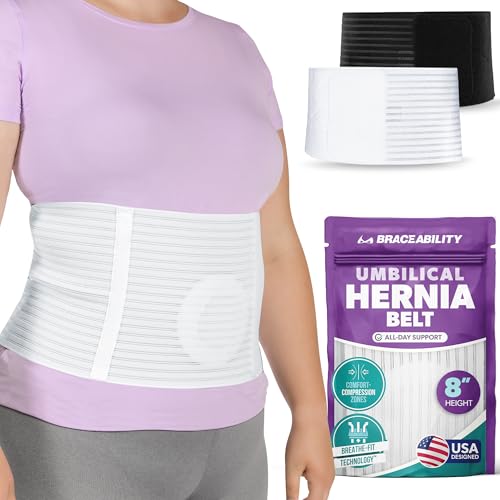 Image of BraceAbility Umbilical Hernia Belt - Abdominal Binder Truss with Compression Pad for Belly Button, Navel, Ventral, Epigastric, Hiatal Hernia Relief, Surgery Brace for Men or Women (L /XL 8 inch White)