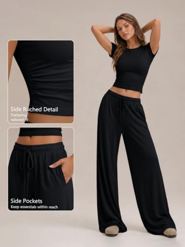 Image of Trendy Queen 2 Piece Matching Summer Lounge Set Womens Side Ruching Top Wide Leg Pants Sets with Pockets