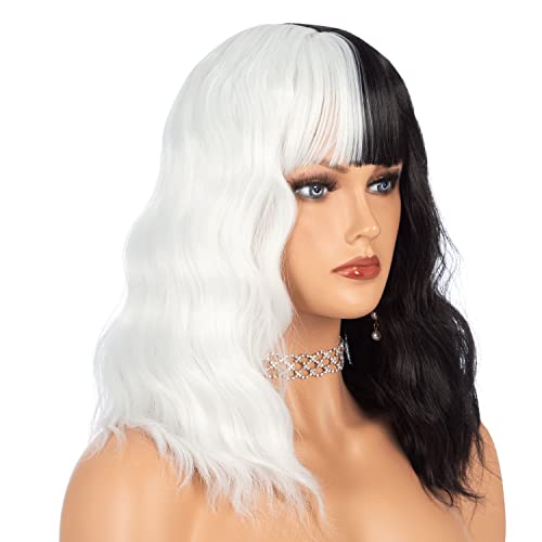 Halloween Wig Clearance Black And White Wigs For Women , 14'' Short Curly Wavy Bob Hair Wig With Bangs Black White Wigs For Party Costume #TOP2
