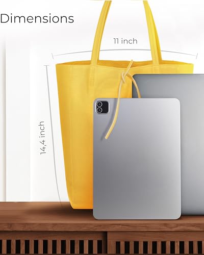 Image of Genuine Italian Leather Tote Bag for Women, Large Slouchy Purse, Yellow | Unstructured bag, raw unlined interior with zip pocket, top zipper, side ties, folds flat, fits a 16-inch laptop, lightweight