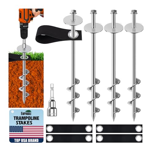 Eurmax USA Ground Anchors Screw in Trampoline Anchors High Wind Tent Stakes Heavy Duty Ground Stakes Trampoline Stakes Anchor Kit Set of 4 Bonus 4 Strong Belt (Silver)