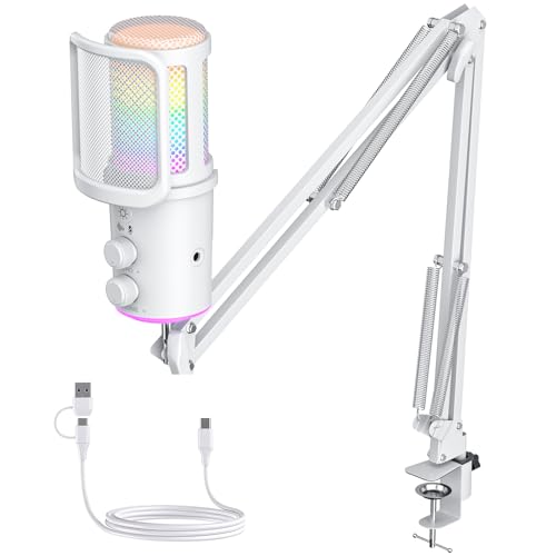 Gaming USB Microphone Noise Cancellation Condenser Mic with Mute Boom Arm Mic-Reverb Adjustment Monitoring for Streaming Podcasting Discord YouTube PC Computer PS4 PS5 Mac-White