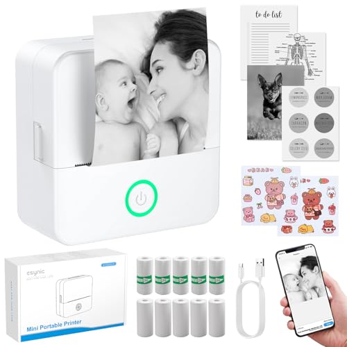 eSynic Mini Thermal Printer for Phone Portable Photo Printer with 10 Rolls Of Thermal Paper Inkless Bluetooth Sticker Printer for Android IOS Kid Sticker Machine for Photos, Journals, Study Notes