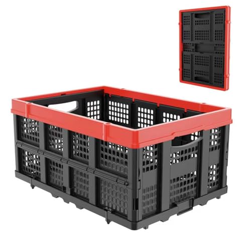 TOLRET Caisse pliable de 49 L, caisse à lait pour rangement, caisse de rangement pliable, caisse empilable pour organiser la maison, le shopping, le camping, l'école, le bureau, l'entrepôt, rouge