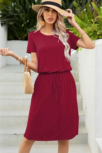 Image of levaca Womens Summer Casual Dress Belly Drawstring Beach Coverup Short Sleeve 2025 Outfit Midi Sundress with Pockets