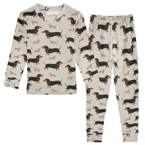 Black Dachshund Pattern Cute Pajama Sets Long Sleeve Top and Pants, Snug Fit Sleepwear for Night Wears