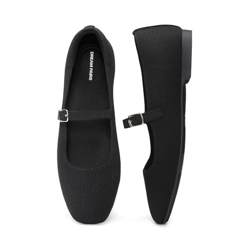DREAM PAIRS Women's Mary Jane Ballet Flats, Comfortable Knit Square Toe Dressy Shoes with Adjustable Buckle, Breathable Foldable Arch Support for Work Office Business,Size 9,Black,SDFA26022W