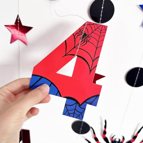 Image of 42Ft Spider 4th Birthday Party Decorations Red Blue Stars and Black Spider Web Garland Streamer for Boys 4th Cartoon Spiders Birthday Super Heros Cartoon Bday Party Decor Supplies
