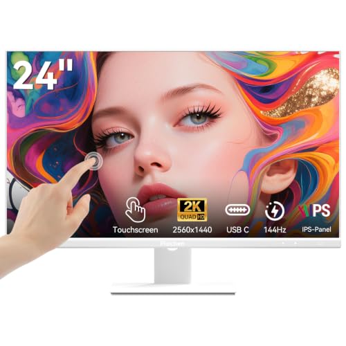 Pisichen 24 Zoll Touch Screen Monitor 2K (2560 x 1440P) IPS Computerdisplay, 144Hz Touchscreen Gaming Monitor, HDMI USBC DP Anschlüsse, Rahmenlos, VESA-Halterung, Weiß