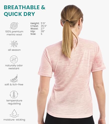 Merino.tech Camiseta Lana Merino Mujer — 100% Orgánica Merino Lana Camiseta Interior Mujer con Calcetines (Medium, Cuello Redondo Rosa Jaspeado)