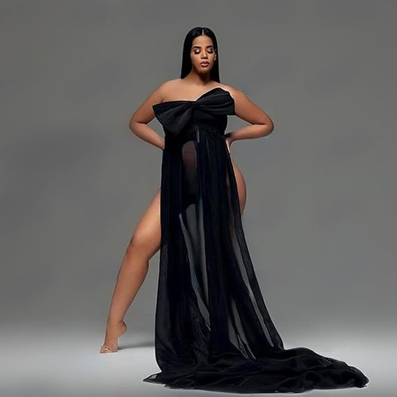 Chiffon Maternity Photoshoot Dress Off The Shoulder Maternity Gown with Delicate Bows for Photography(Black)