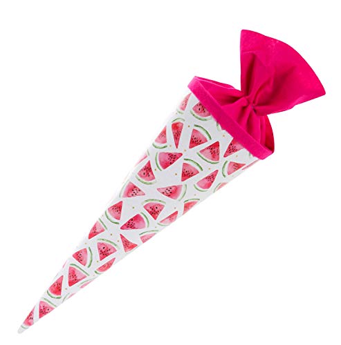 goldbuch 93 426 Geschwistertüte Melone, Schultüte mit Melonenmuster, Lackkarton, Geschenkverpackung mit pinkem Filzverschluss (ohne Verschlussband), Zuckertüte rund, Länge 35 cm, Ø 11,5 cm, Weiß