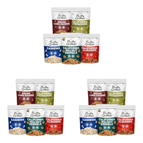 Image of Nutty Gritties Mixed Dry Fruits Combo, 1Kg | California Almonds, Cashews Nuts, Long Green Raisins, California Walnuts Kernels, Roasted Salted Pistachios Pista | Resealable Pouch - (200g Each)