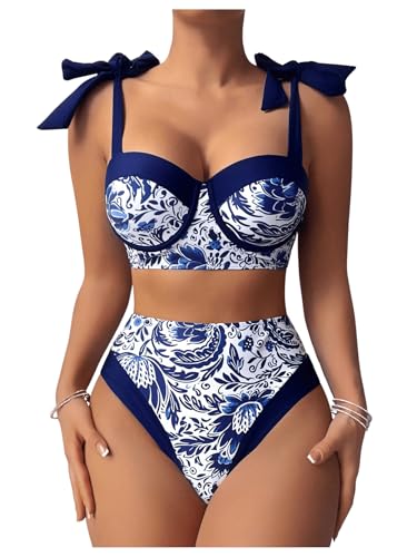 MakeMeChic Women's 2 Piece Bikini Set Floral Print Tie Shoulder Contrast Binding High Waisted Swimsuit Bathing Suit