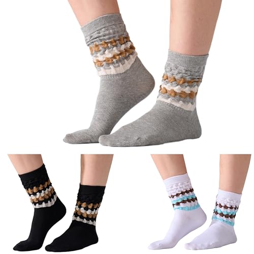 Mosithings Women's Slouch Socks Soft Casual Calf Socks Retro Scrunch Crew Socks 3/4 Pairs,Black&White&Grey,M