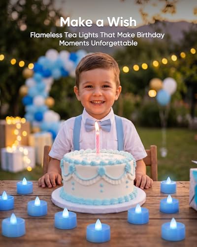 Image of Homemory Light Blue Tea Lights Candles Battery Operated, Flickering Flameless LED Votive Candles, Pure White Tealights for Boy Baby Shower, Gender Reveal, Blue Wedding, Nursery Decor, 50-Pack
