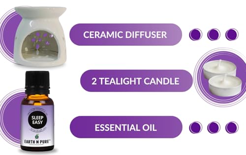 Image of Earth N Pure Ceramic Aroma White Diffuser Burner with 10Ml Sleep Easy Essential Oil Blend & 2 Pcs Candles Strong & Long-Lasting Fragrance | Perfect for Gift Set