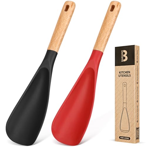 Image of Cooking Spoon for Nonstick Cookwares, Great for Cooking and Serving Sturdy BPA-Free Matte Silicone, Wood Handle Spoon for Mixing, Scoop, and Scrape (Black & Red, 11.4 inch)