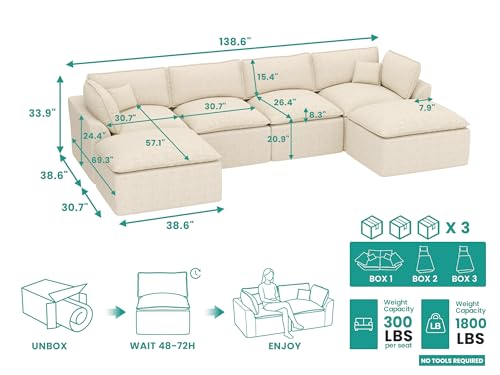 Image of 138 inch Oversized Modular Sectional Sofa, U Shaped Couch Set with 2 Pillows, 6 Seat Boneless Cloud Couches with 2 Movable Ottomans for Living Room, Corduroy, Beige