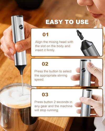 Image of 3-Speed Rechargeable Milk Frother Handheld with Stand, Dual Coil Whisk Coffee Frother Handheld - Electric Frother Wand for Coffee Matcha Cappuccino, Kitchen Gift Set, Silver