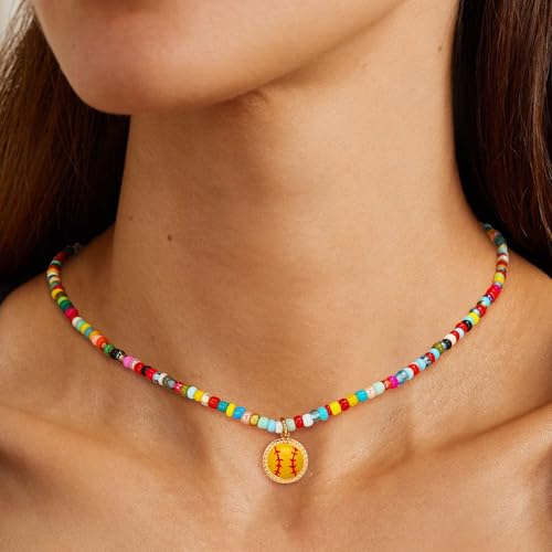 Softball/Soccer/Volleyball/Basketball/Football Colorful Beaded Necklace Gifts for Girls Women, Sport Accessories Pendant Jewelry 14+2 Inches3