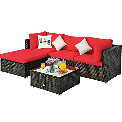 Tangkula 5 Pcs Patio Rattan Furniture Set Outdoor Sectional Rattan Sofa Set With Back Seat Cushions