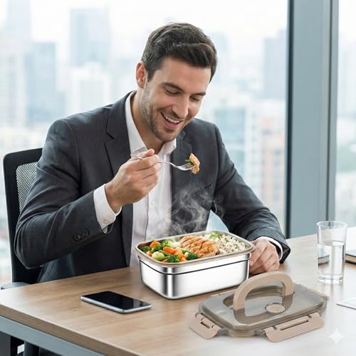 Image of Stainless Steel Lunch Box Leakproof Airtight with Handle, Food Grade Durable Tiffin Box for Office School Travel, Microwave & Dishwasher Safe, 1500ML, Silver /Beige