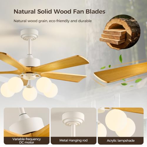 42 Inch Wooden Ceiling Fan with Light,5-Lights Glass Globe and Remote, 5 Reversible Carved Wood Blades, Indoor Wood Ceiling Fan with Quiet DC Motor,6 Wind Speeds,White Ceiling Fan for Bedroom Kitchen by kenaihon - Used condition - Image 2