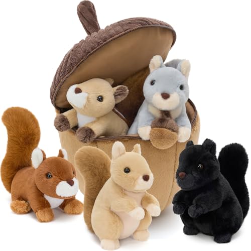MaoGoLan 6 Pcs Peluche écureuil - 1 Noivette et 5 bébés écureuils - Jouet Doux et Peluche, Adorable pour câliner et Jouer, pour Enfants et Adultes, Cadeau pour Garçons Filles(35cm)