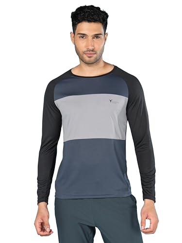 Image of TECHNOSPORT Men's Slim Fit Polyester Color Block Athleisure Crew Neck T-Shirt with Full Sleeve, Moisture Wicking and Quick Dry