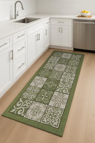 HomeLife Tappeto Cucina Antiscivolo Lavabile e Antimacchia Made in Italy | Elegante Tappeto Passatoia Cucina Lavabile | Tappeto Corridoio Lungo | Tappeti Cucina 55X190 - Maiolica - Verde Salvia