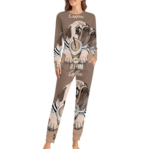 Pyjama Femme Café Carlin Mignon Sleepwear Vêtement Nuit Pantalon Ensemble T-Shirt