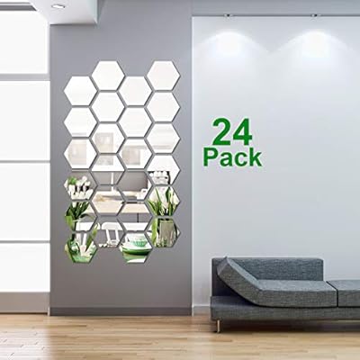 Shappy 24 Pieces Removable Acrylic Mirror Setting Wall Sticker Decal for Home Living Room Bedroom Decor (Middle Hexagon, 5 x 4.3 x 2.5 Inches)