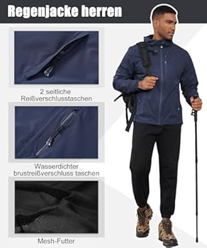 Huayuzh Regenjas voor heren, waterdicht, lichte regenjas, camping, wandelen, ademend, opvouwbare softshelljas met capuchon, blauw, S