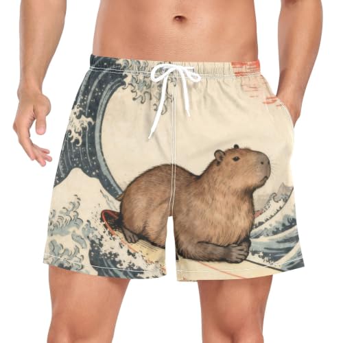 Traje de baño para hombre con estampado de olas japonesas y marmota