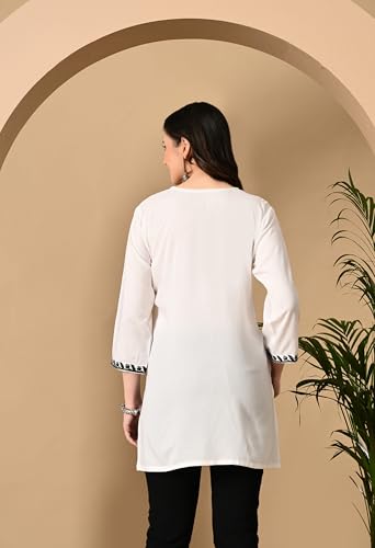 Image of LIBOZA Women's Chikankari Embroidered Short Kurti, Rayon Fabric, Three-Quarter Sleeves, Available in Pink, Black, Mustard Yellow, White, Pista and Green