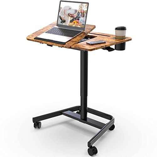 Image of JOY worker Mobile Standing Desk, Height Adjustable Table, 60 Tiltable Rolling Laptop Desk, Portable Sit Stand Desk with Wheels Cup Holder for Bed Couch Hospital, Holds Up to 22lbs, Rustic