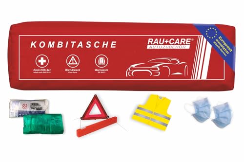 Rau Kfz Kombitasche rot (3 in 1) aktuell 2026 Alles inklusive : Warndreieck + Warnweste + Verbandtasche DIN 13164 + Masken geprüft StVO konform - Europaweit einsetzbar Pannenset - Notfallset