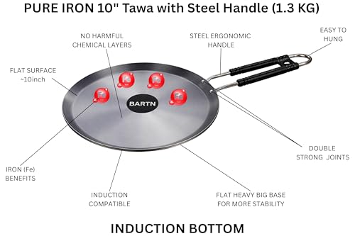 Image of Pure Iron Induction Tawa 10 inch Diameter for Roti, Chapati & Dosa with Steel Handle | Heavy Iron Tava with Health Benefits | Non-Toxic, No Chemical Layer | Induction & Gas Compatible, 1.3 KG