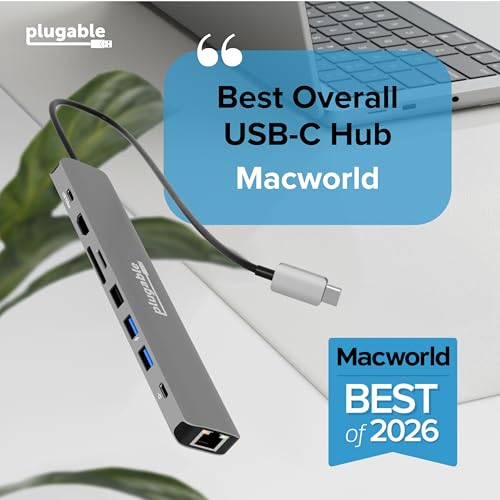 Image of Plugable USB C Hub Multiport Adapter: 9-in-1 with 140W PD Charging, 4K 60Hz HDMI, 10Gbps Data Transfer, Gigabit Ethernet, SD for USBC, USB4, Thunderbolt MacBook, Windows, Chromebook (USBC-9IN1E)