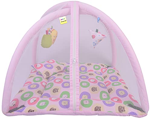 Image of Kwitchy Baby Bedding Set New Born Baby Bed Mattress with Mosquito Net Play Gym Bed with Hanging Toys (0-6 Months, Pink)