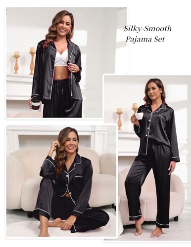 Image of UMBY Silk Satin Pajamas for Women Set 2 Piece Silk Pjs Long Sleeve Top Cozy Sleepwear Silky Pajamas Black