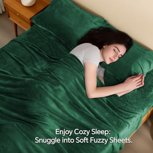 Image of BEDELITE Flannel Sheets King Size Dark Green - Super Soft Fleece Sheets Set Fluffy Extra Plush, 4 Piece(Include Fitted Sheet, Flat Sheet, 2 Pillowcases)