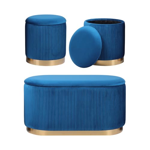 La Bella 3-Piece Storage Ottoman Set – Velvet Bench and Nesting Stools with Hidden Storage - Faye Series, Blue Pleated Fabric, Gold Base - Footstools, Seats or Décor