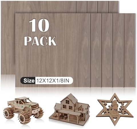 10 Pack Walnut Plywood Sheets 12x12x1/8 Inch,3mm Plywood for Laser Cutting&Engraving,Unfinished Wood for Crafts,Wood Burning,Architectural Models.